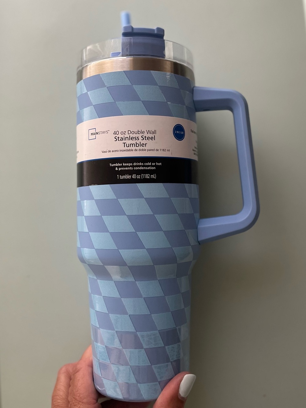 Mainstays Light Blue Checkered 40 oz Stainless Steel Tumbler with Handle